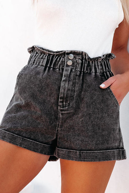 Vintage Washed Frilled High Waist Denim Shorts